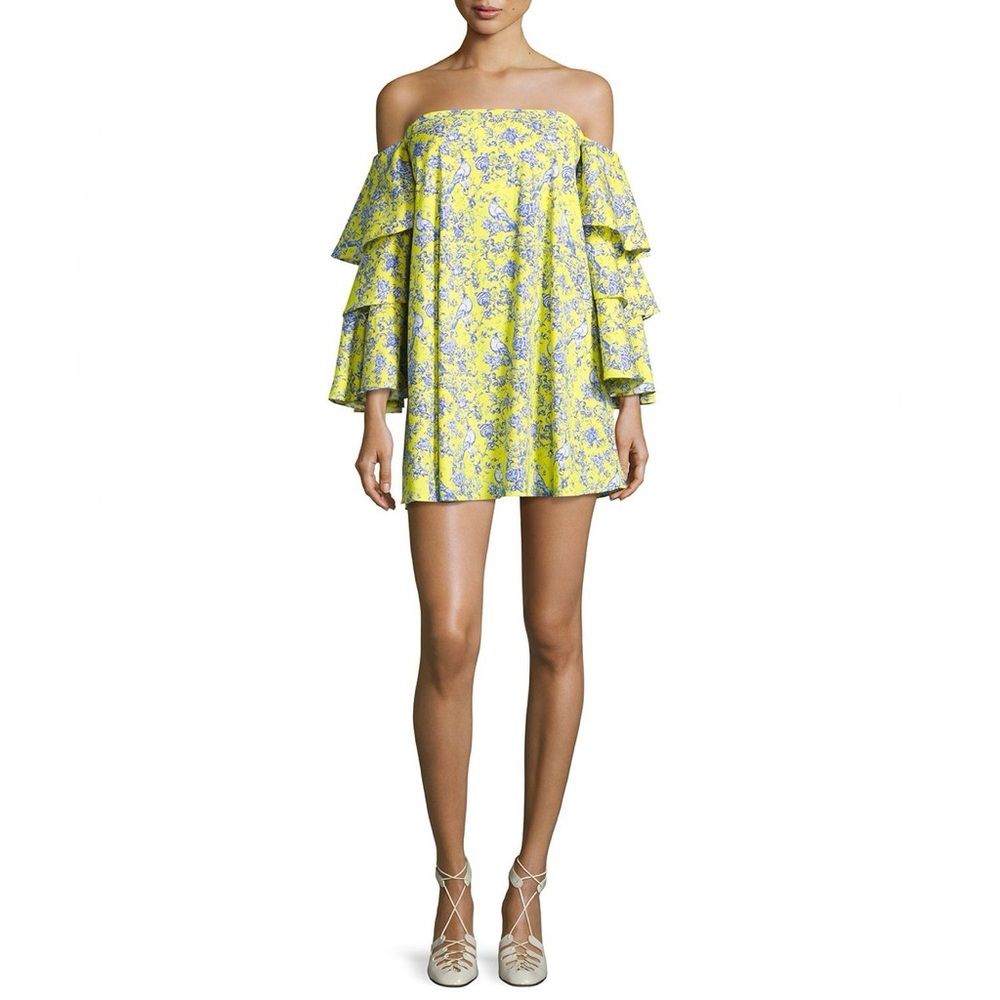 Caroline Constas Carmen Mini Dress Yellow Blue Ruffle Tiered Coquette Sz Medium